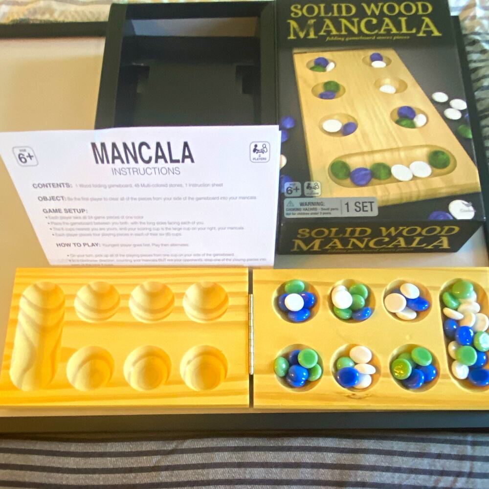 Cardinal Mancala Solid Wood Folding Gameboard w/ Stones, Ages 6+, 2 Players